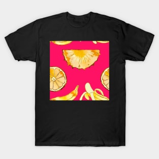 yellow, pineapple, banana, yellow, orange, juicy, fruit, glitter, gold, summer, pattern, funny, sunny, vivid, pink T-Shirt